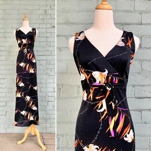 Vintage 60s Floral Maxi Dress Black Sleeveless